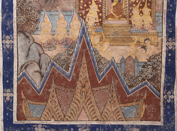 Thai school: 'Two votive scenes', ink and colour on canvas, 19th C.