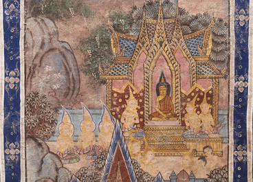 Thai school: 'Two votive scenes', ink and colour on canvas, 19th C.