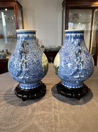A pair of Chinese famille rose 'hu' vases with fine landscapes, Qianlong mark, Republic