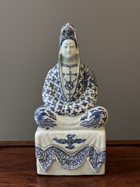 An exceptional Chinese blue and white porcelain figure of Guanyin, Wanli