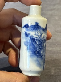 Four Chinese blue, white and copper-red snuff bottles and a blue and white snuff bottle, 19/20th C.
