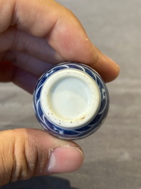 Three Chinese blue and white 'dragon' snuff bottles, 19th C.