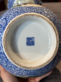 A pair of Chinese famille rose 'hu' vases with fine landscapes, Qianlong mark, Republic