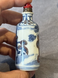 Five Chinese blue, white and copper-red snuff bottles, 19/20th C.