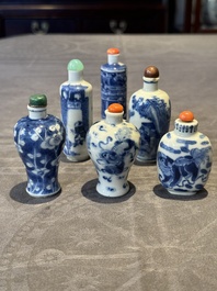 Six Chinese blue and white snuff bottles, 19th C.