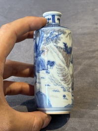Four Chinese blue, white and copper-red snuff bottles and a blue and white snuff bottle, 19/20th C.