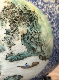 A pair of Chinese famille rose 'hu' vases with fine landscapes, Qianlong mark, Republic