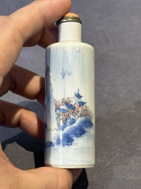 Three Chinese blue, white and copper-red snuff bottles and a blue and white snuff bottle, Qianlong mark, 19th C.