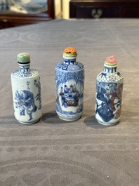 Three Chinese blue, white and copper-red snuff bottles, 19/20th C.