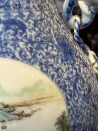 A pair of Chinese famille rose 'hu' vases with fine landscapes, Qianlong mark, Republic