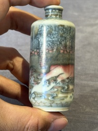 Four Chinese blue, white and copper-red snuff bottles and a blue and white snuff bottle, 19/20th C.