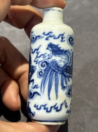 Nine Chinese blue and white snuff bottles, Kangxi and Qianlong mark, 19th C.