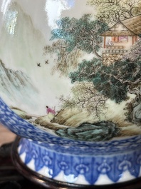 A pair of Chinese famille rose 'hu' vases with fine landscapes, Qianlong mark, Republic