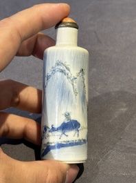 Three Chinese blue, white and copper-red snuff bottles and a blue and white snuff bottle, Qianlong mark, 19th C.