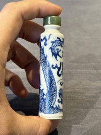 Three Chinese blue and white 'dragon' snuff bottles, 19th C.