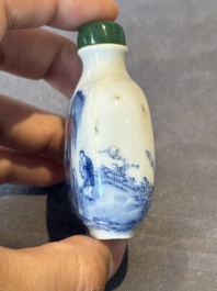 A Chinese blue and white 'figurative' snuff bottle and a blue, white and iron-red 'dragon' snuff bottle, Qianlong mark, 19th C.