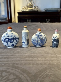 Three Chinese blue, white and copper-red snuff bottles and a blue and white snuff bottle, Qianlong mark, 19th C.