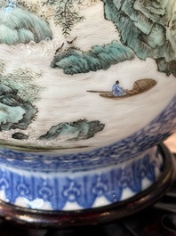 A pair of Chinese famille rose 'hu' vases with fine landscapes, Qianlong mark, Republic
