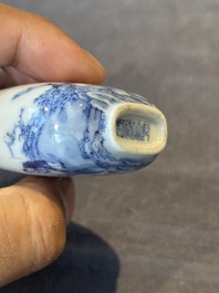 A Chinese blue and white 'figurative' snuff bottle and a blue, white and iron-red 'dragon' snuff bottle, Qianlong mark, 19th C.