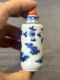 Three Chinese blue and white 'dragon' snuff bottles, 19th C.