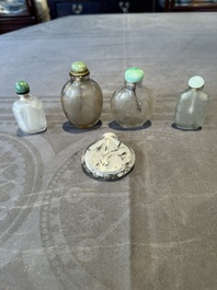 Five Chinese rock crystal and needle agate snuff bottles, Qing