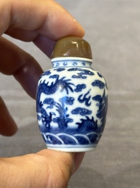 Three Chinese blue and white 'dragon' snuff bottles, 19th C.