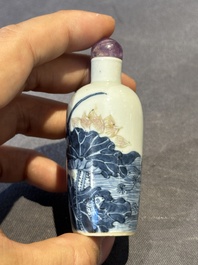 Three Chinese blue, white and copper-red snuff bottles and a blue and white snuff bottle, Qianlong mark, 19th C.
