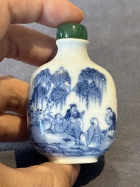 A Chinese blue and white 'figurative' snuff bottle and a blue, white and iron-red 'dragon' snuff bottle, Qianlong mark, 19th C.