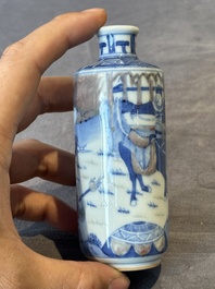 Four Chinese blue, white and copper-red snuff bottles and a blue and white snuff bottle, 19/20th C.