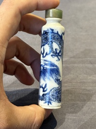 Three Chinese blue and white 'dragon' snuff bottles, 19th C.