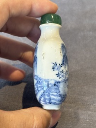 A Chinese blue and white 'figurative' snuff bottle and a blue, white and iron-red 'dragon' snuff bottle, Qianlong mark, 19th C.