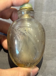Five Chinese rock crystal and needle agate snuff bottles, Qing