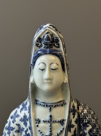 An exceptional Chinese blue and white porcelain figure of Guanyin, Wanli