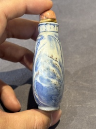 Three Chinese blue, white and copper-red snuff bottles and a blue and white snuff bottle, Qianlong mark, 19th C.