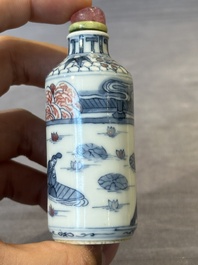 Three Chinese blue, white and copper-red snuff bottles, 19/20th C.