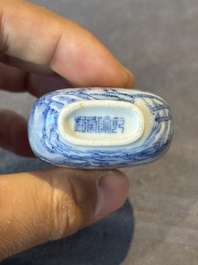 A Chinese blue and white 'figurative' snuff bottle and a blue, white and iron-red 'dragon' snuff bottle, Qianlong mark, 19th C.