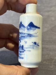 Four Chinese blue, white and copper-red snuff bottles and a blue and white snuff bottle, 19/20th C.