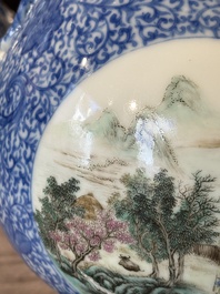 A pair of Chinese famille rose 'hu' vases with fine landscapes, Qianlong mark, Republic