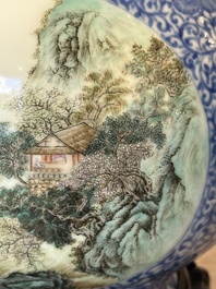 A pair of Chinese famille rose 'hu' vases with fine landscapes, Qianlong mark, Republic