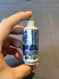 A Chinese blue, white and copper-red 'warriors' snuff bottle, Kangxi mark, 19th C.
