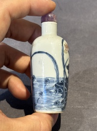 Three Chinese blue, white and copper-red snuff bottles and a blue and white snuff bottle, Qianlong mark, 19th C.