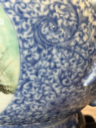 A pair of Chinese famille rose 'hu' vases with fine landscapes, Qianlong mark, Republic