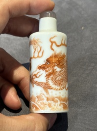 Three Chinese famille rose and iron-red 'Buddhist lion' and 'dragon' snuff bottles, 19th C.