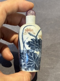 Three Chinese blue, white and copper-red snuff bottles and a blue and white snuff bottle, Qianlong mark, 19th C.