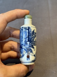 A Chinese blue, white and copper-red 'warriors' snuff bottle, Kangxi mark, 19th C.