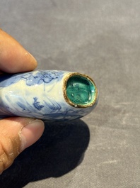 Three Chinese blue, white and copper-red snuff bottles and a blue and white snuff bottle, Qianlong mark, 19th C.
