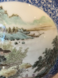 A pair of Chinese famille rose 'hu' vases with fine landscapes, Qianlong mark, Republic