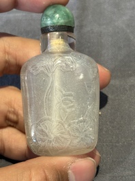 Five Chinese rock crystal and needle agate snuff bottles, Qing