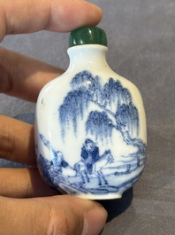 A Chinese blue and white 'figurative' snuff bottle and a blue, white and iron-red 'dragon' snuff bottle, Qianlong mark, 19th C.