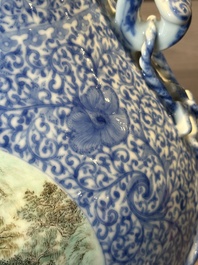 A pair of Chinese famille rose 'hu' vases with fine landscapes, Qianlong mark, Republic